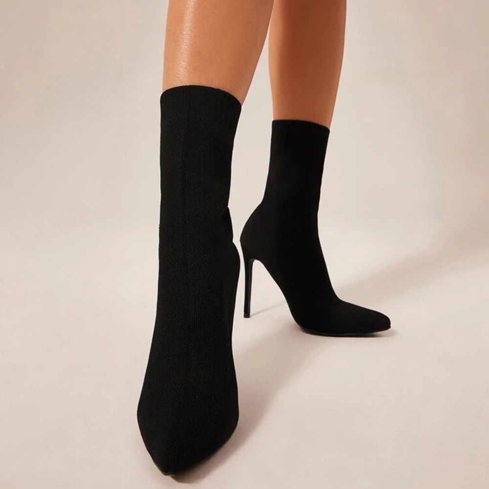 Zara Trafaluc Black Stretchy Sock Mesh Pointed Toe Ankle Boot Stiletto Heels - Picture 3 of 16